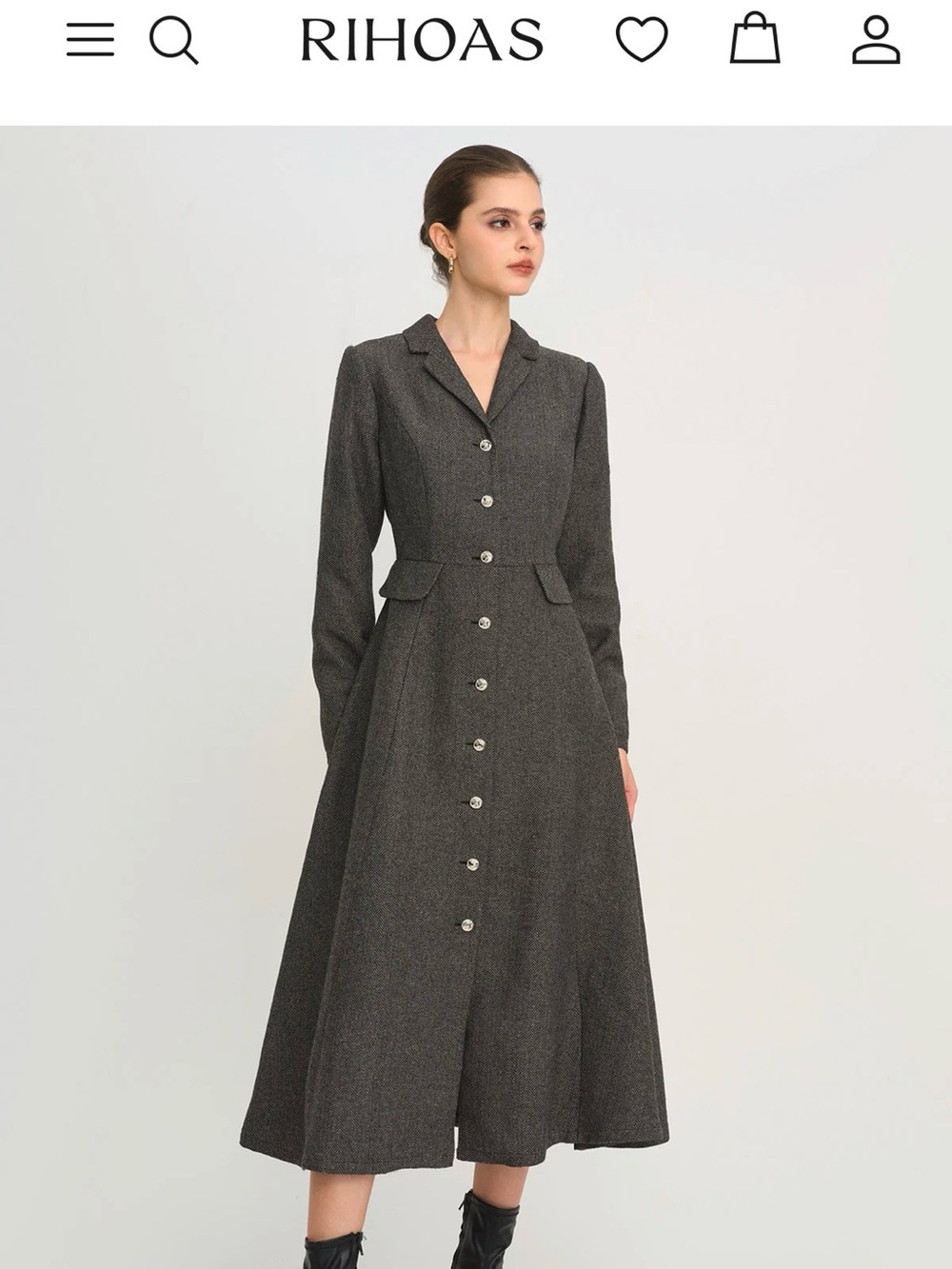 RIHOAS Charcoal Gray Button-Front Long Sleeve Midi Dress